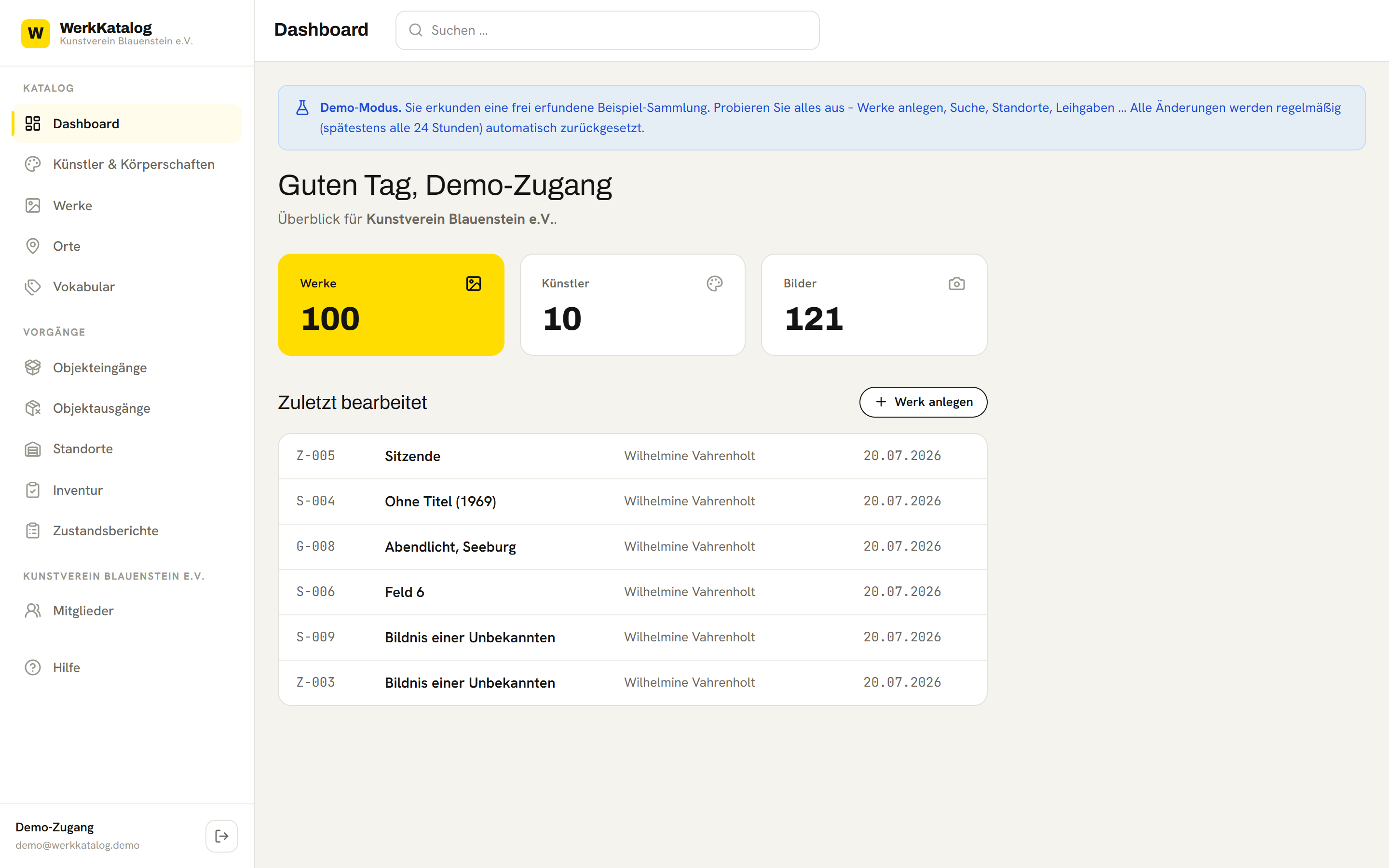 Dashboard des WerkKatalog mit Kennzahlen und zuletzt bearbeiteten Werken
