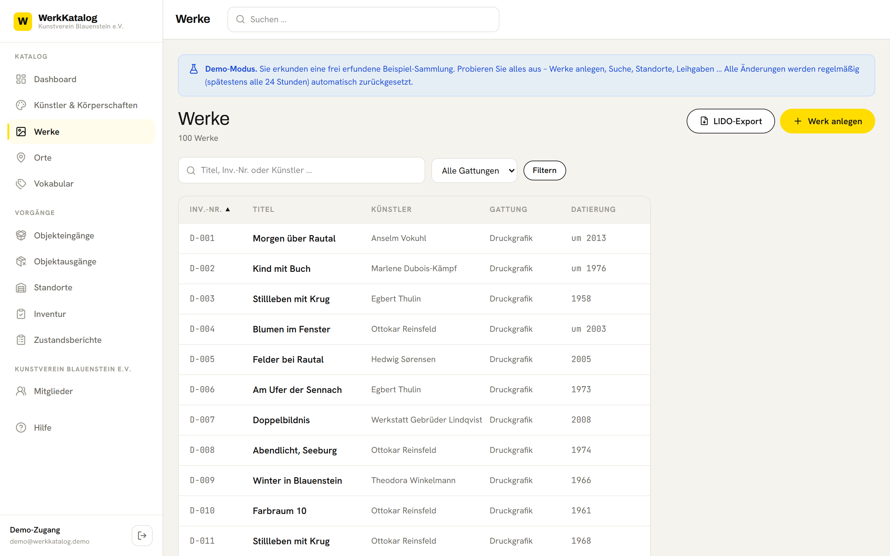 Werke-Liste mit Inventarnummern, Titeln und Filtern